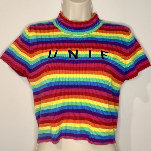 UNIF "Over The Rainbow" Lenny Ribbed Mock Neck Crop Top Size L Large GUC!! - Picture 2 of 5